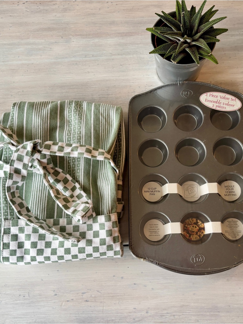 Baking Set: Green & White Striped Apron + Mini Muffin Pan. 2-Piece Bundle.